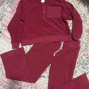 aerie burgundy softest quarter zip sweatshirt, and sweatpants set